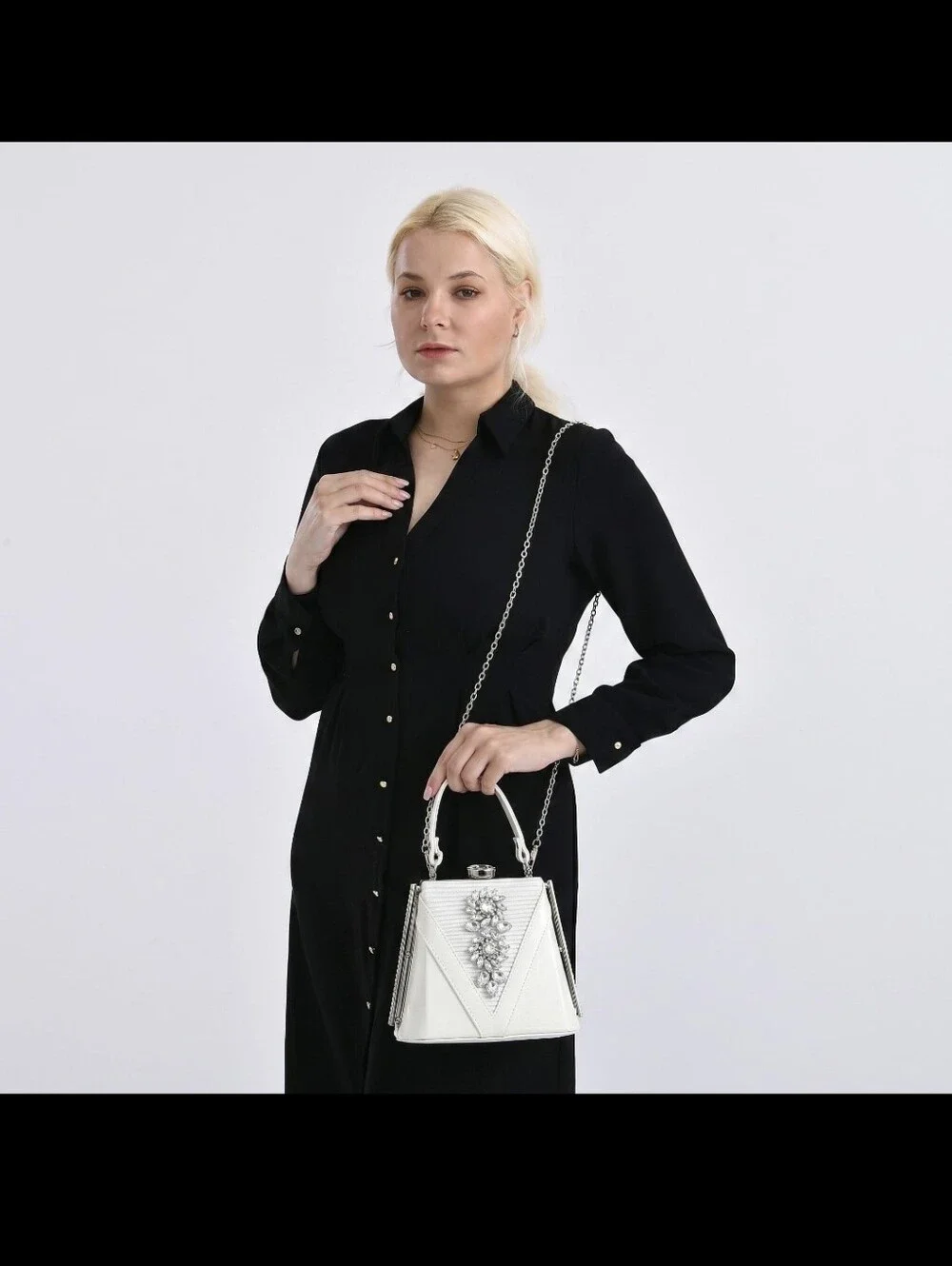 LA MAREY White Faux Leather Clutch/ Convertible Xbody Rhinestones